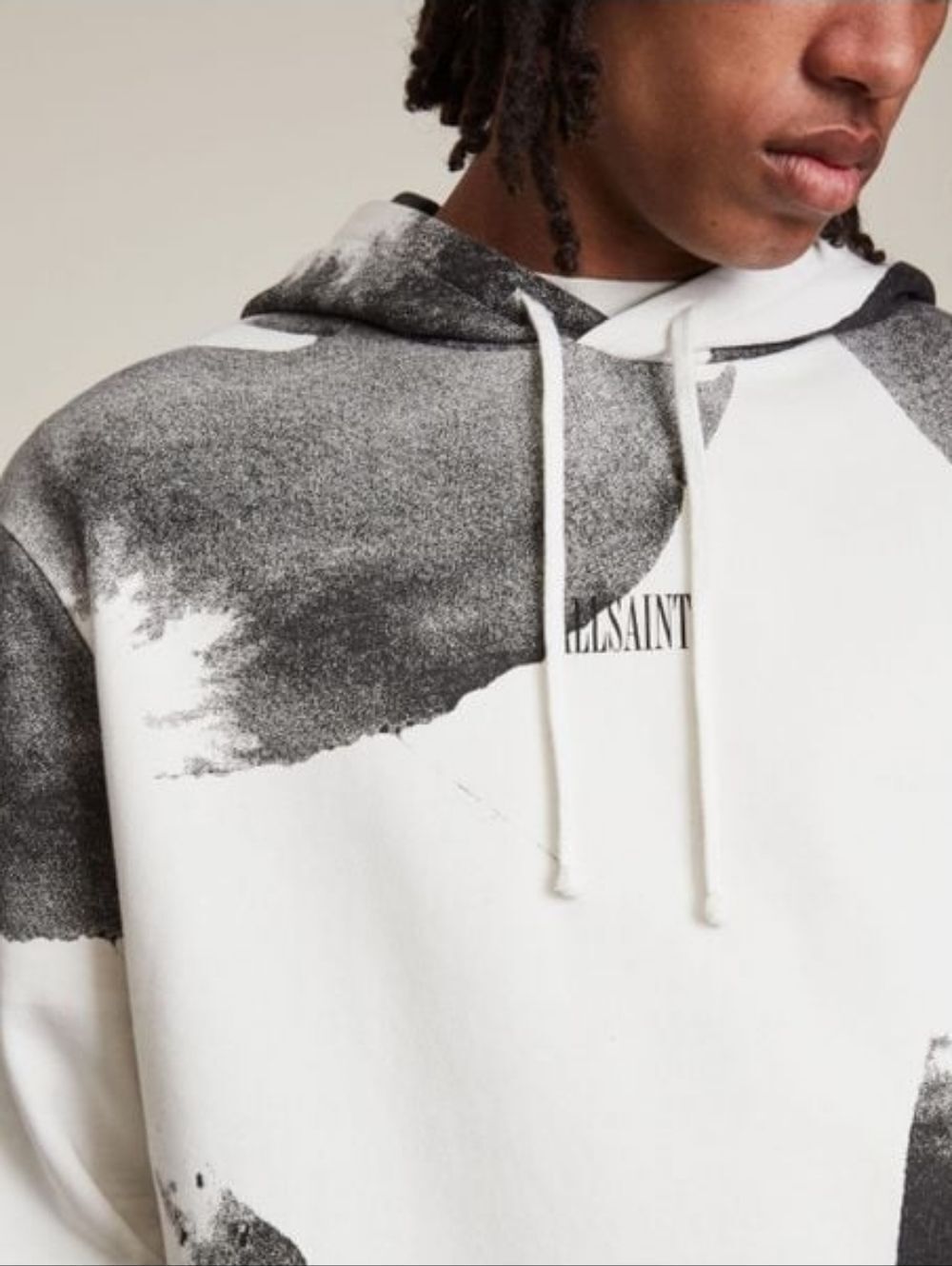 AllSaints Mens White Gray Santana Abstract Cotton Hoodie Size XXL - Picture 2 of 11